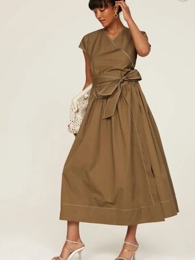 Tory Burch Poplin Wrap Dress Green Khaki Sz 10